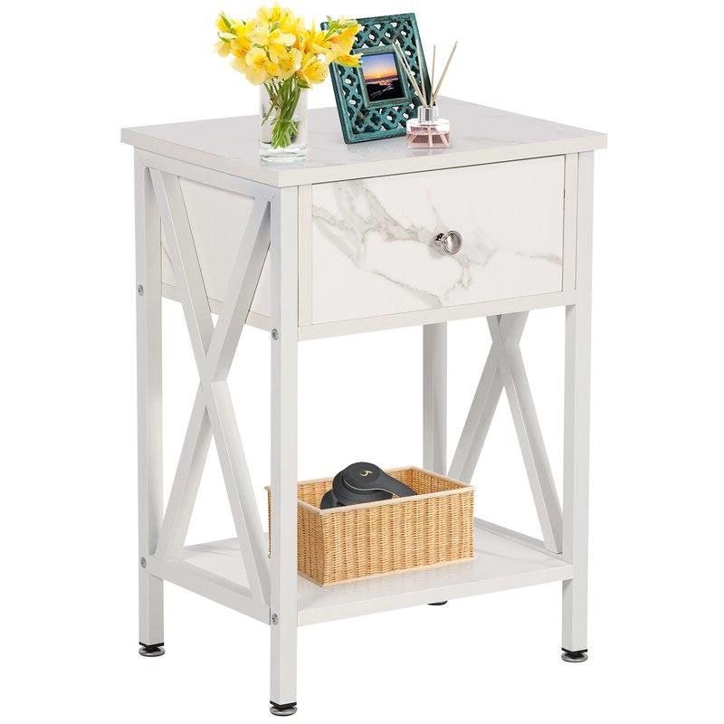 Set of 2 - Rustic Farmhouse 1-Drawer Nightstand Bedside Table in White - PRHOMZ
