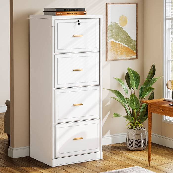 Vertical File Cabinet in White Wood Finish with 4 Lockable Storage Drawers-1