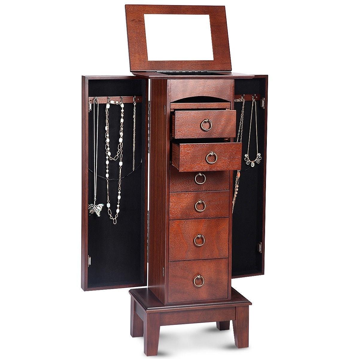 Medium Brown Wood Jewlery Armoire Storage Chest Cabinet with Mirror - PRHOMZ