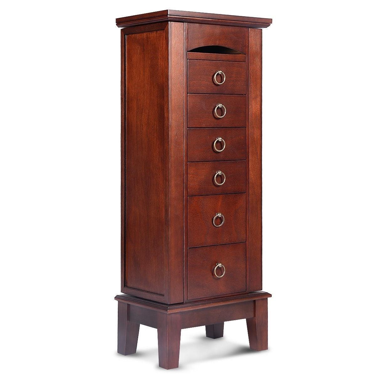 Medium Brown Wood Jewlery Armoire Storage Chest Cabinet with Mirror - PRHOMZ