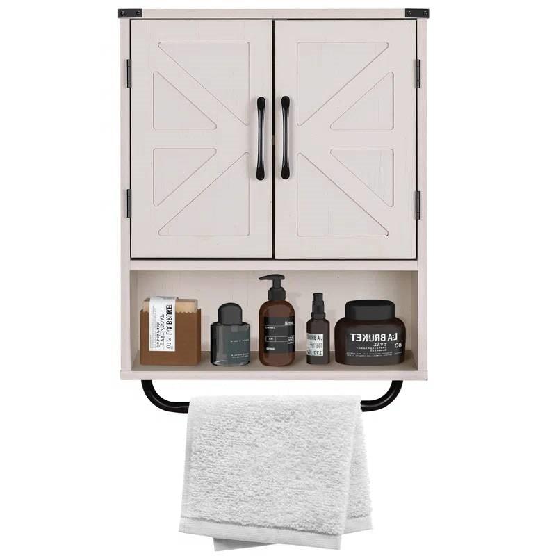 White Farmhouse Bathroom Wall Cabinet with Storage Shelf and Towel Bar - PRHOMZ