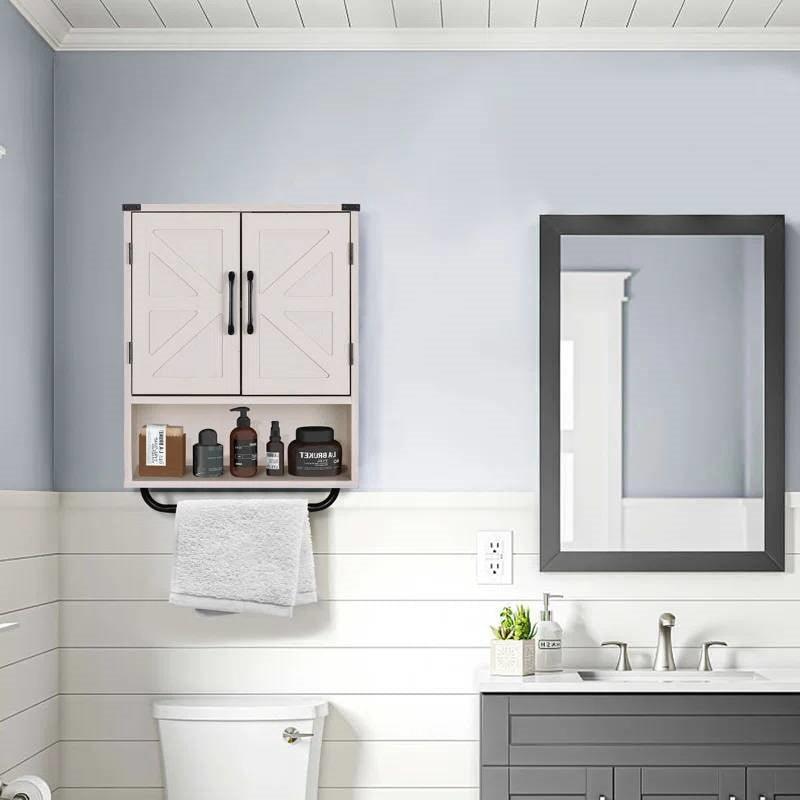 White Farmhouse Bathroom Wall Cabinet with Storage Shelf and Towel Bar - PRHOMZ