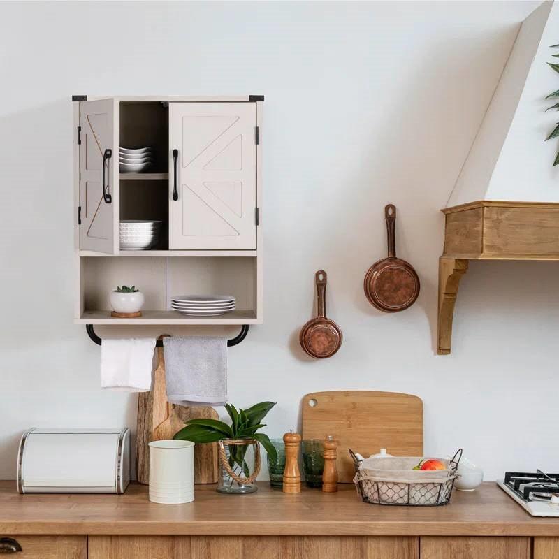 White Farmhouse Bathroom Wall Cabinet with Storage Shelf and Towel Bar - PRHOMZ