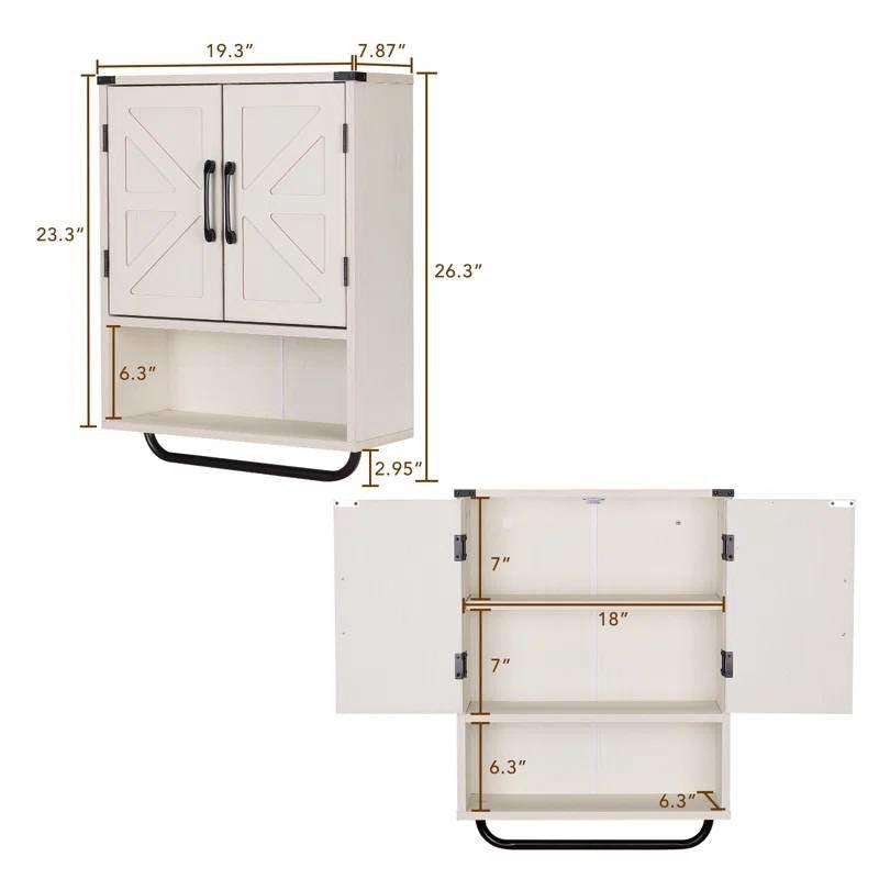 White Farmhouse Bathroom Wall Cabinet with Storage Shelf and Towel Bar - PRHOMZ