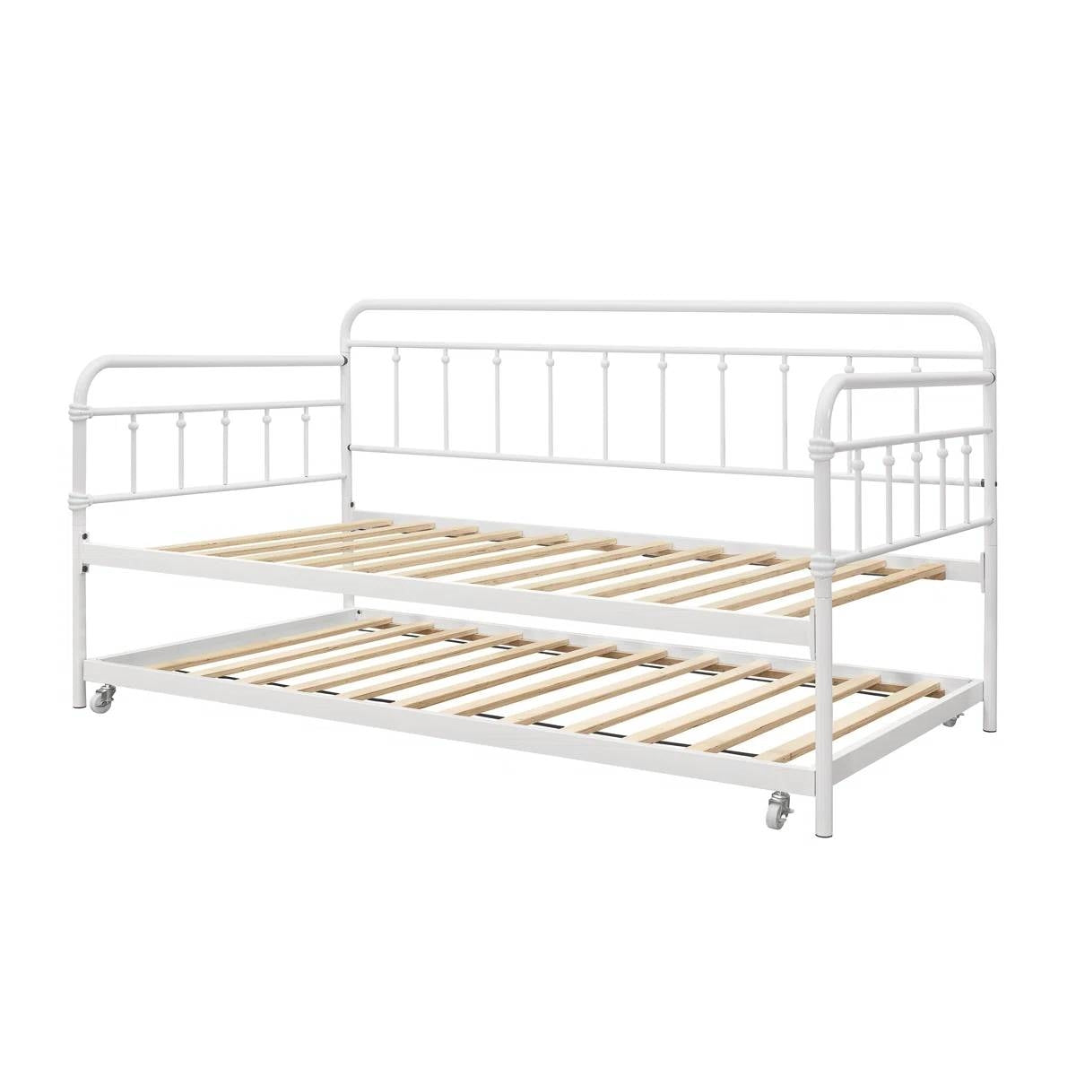 Twin size Traditional White Rounded Iron Daybed with Roll Out Trundle Bed Frame-3