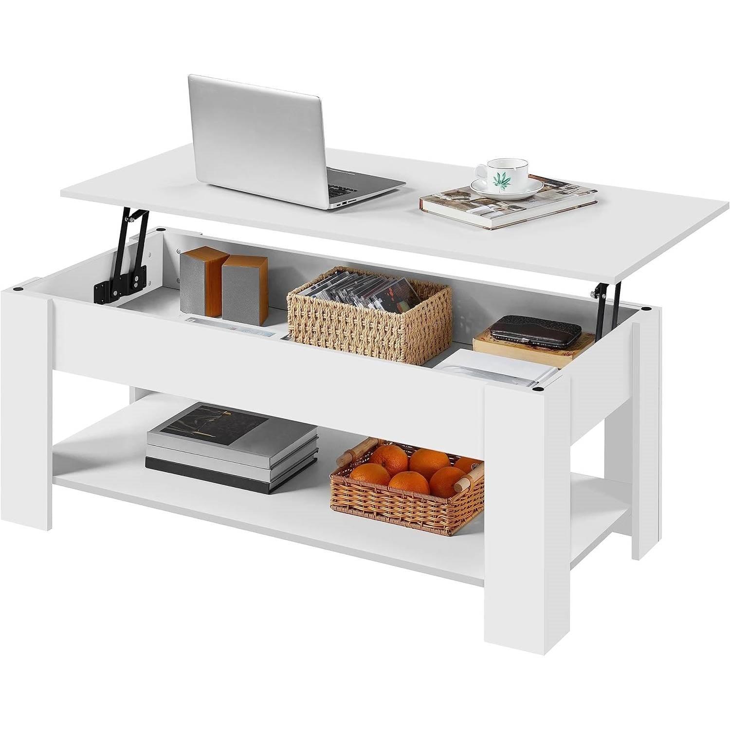 Lift-Top Coffee Table Laptop Desk TV Tray in White Wood Finish - PRHOMZ
