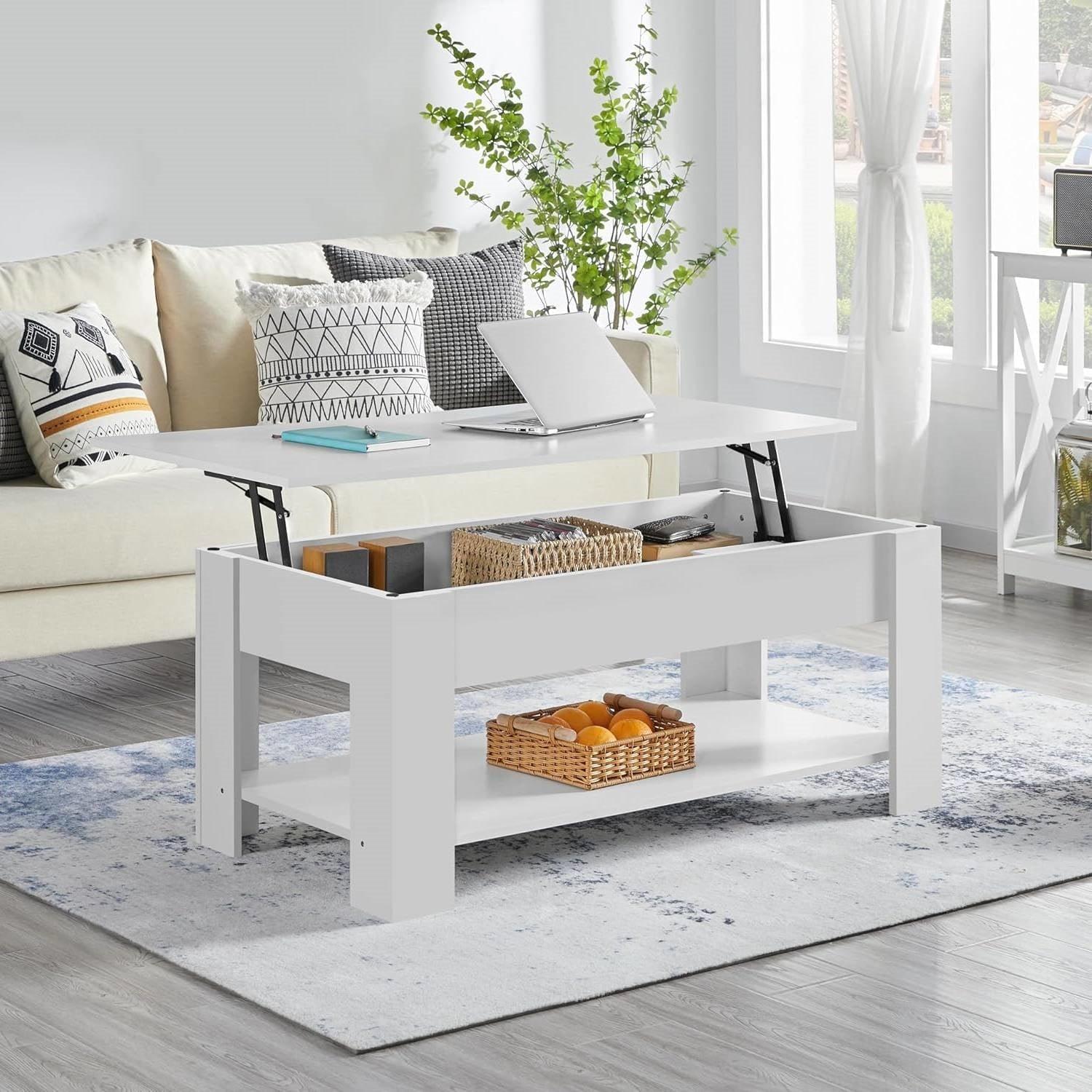 Lift-Top Coffee Table Laptop Desk TV Tray in White Wood Finish - PRHOMZ