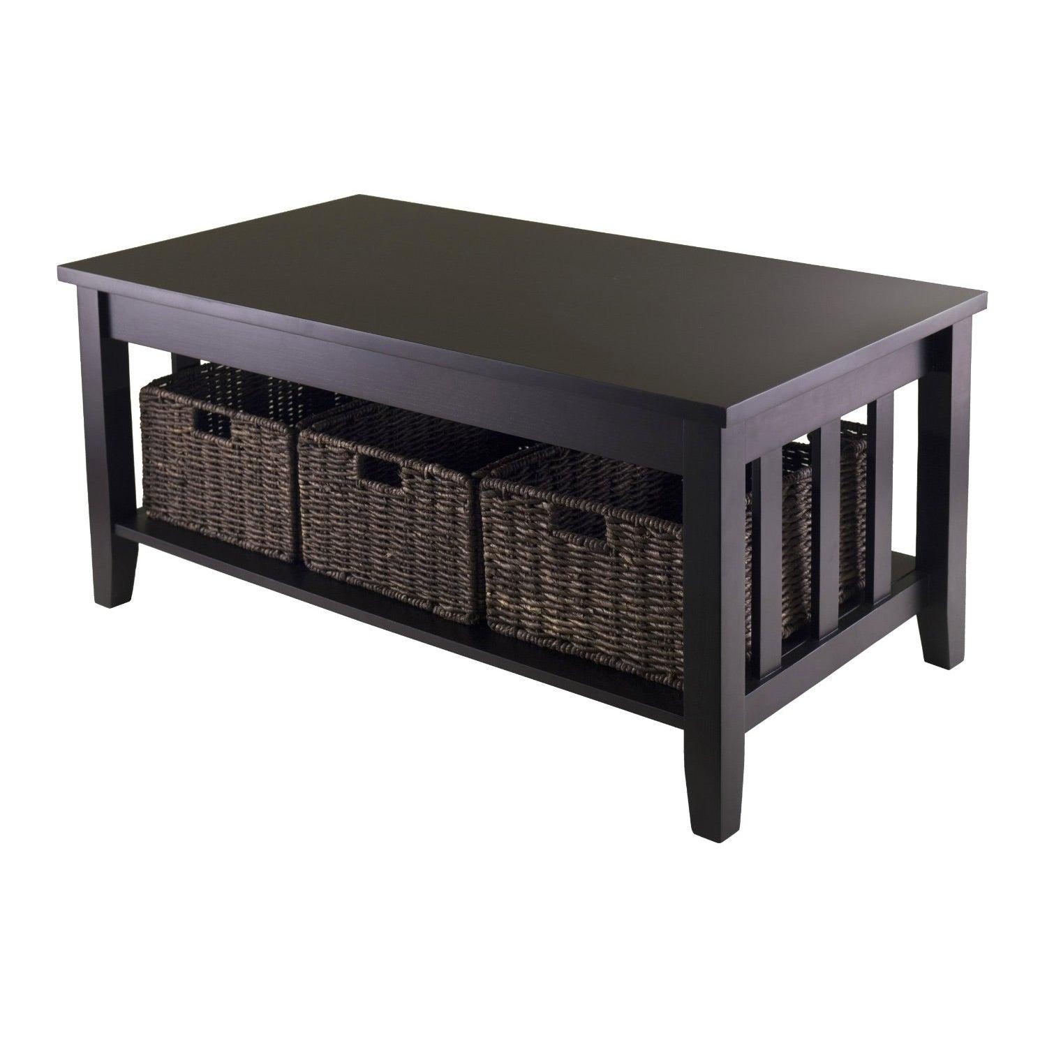 Mission Style Dark Wood Coffee Table with 3-Folding Storage Baskets - PRHOMZ