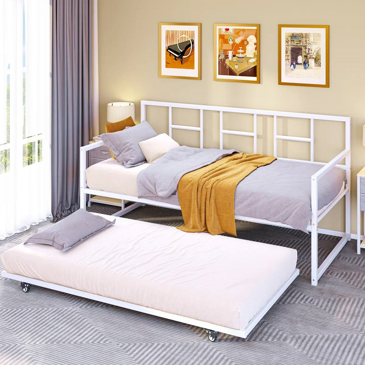Twin size White Metal Daybed Frame with Roll Out Trundle Bed Frame-0