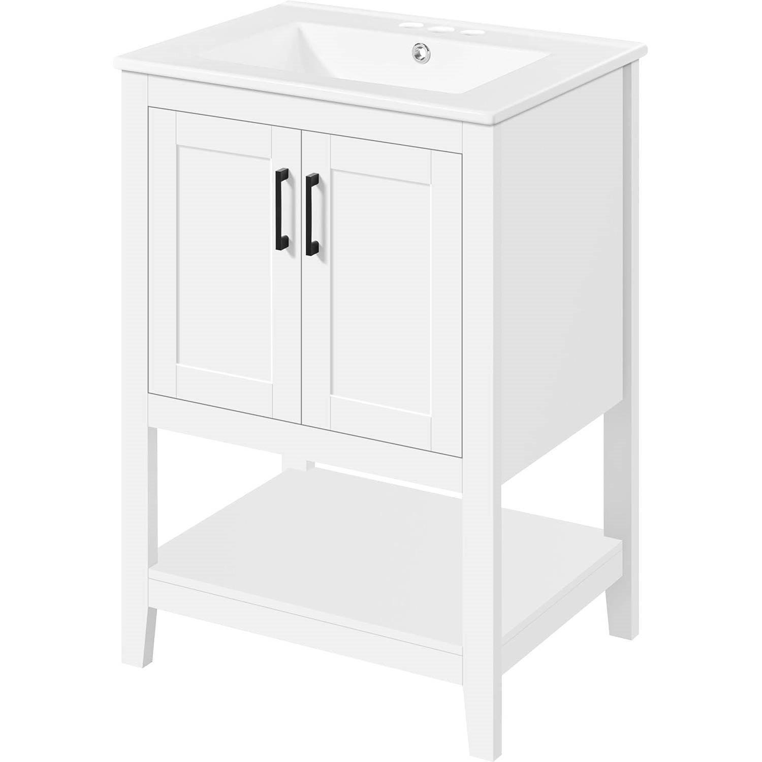 Modern White Wood Bathroom Vanity with White Ceramic Sink - PRHOMZ