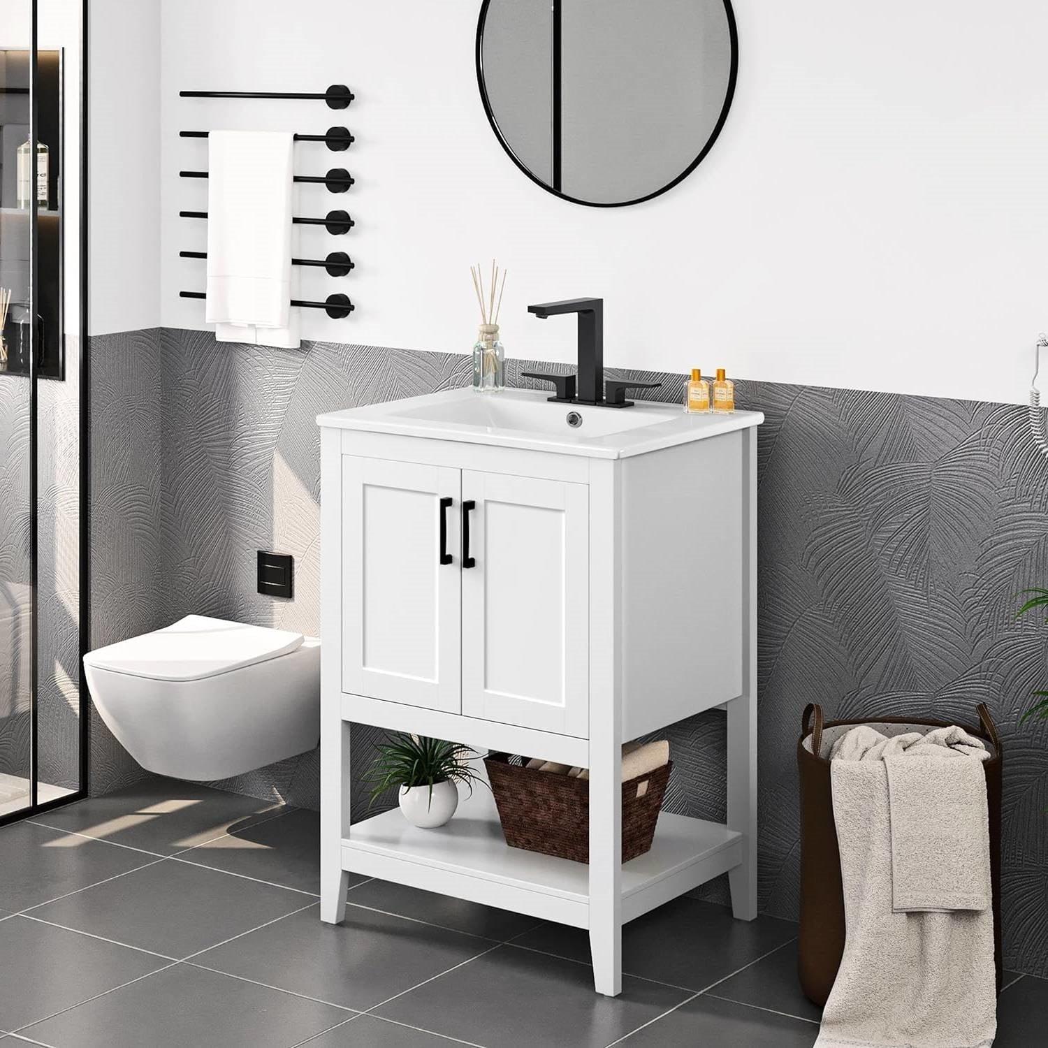 Modern White Wood Bathroom Vanity with White Ceramic Sink - PRHOMZ