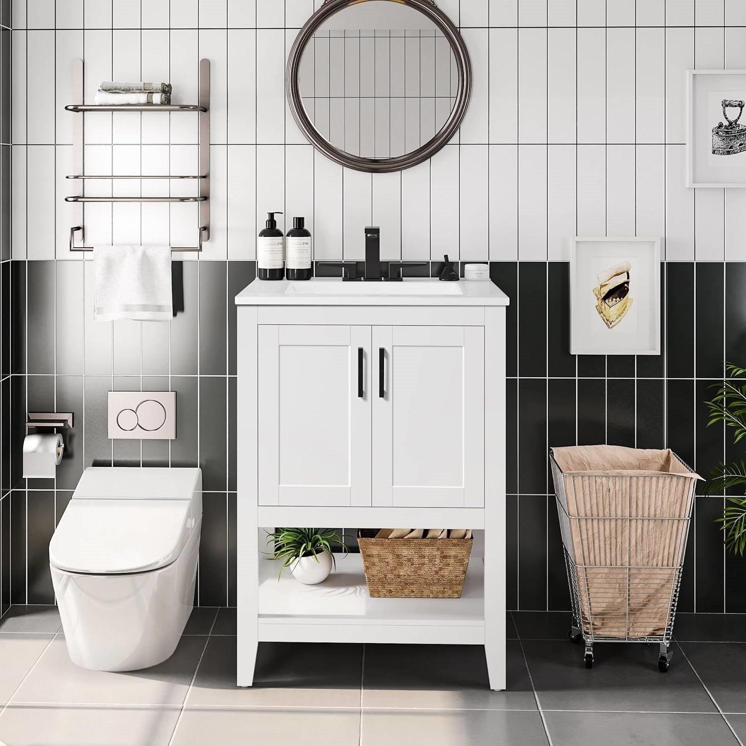 Modern White Wood Bathroom Vanity with White Ceramic Sink - PRHOMZ