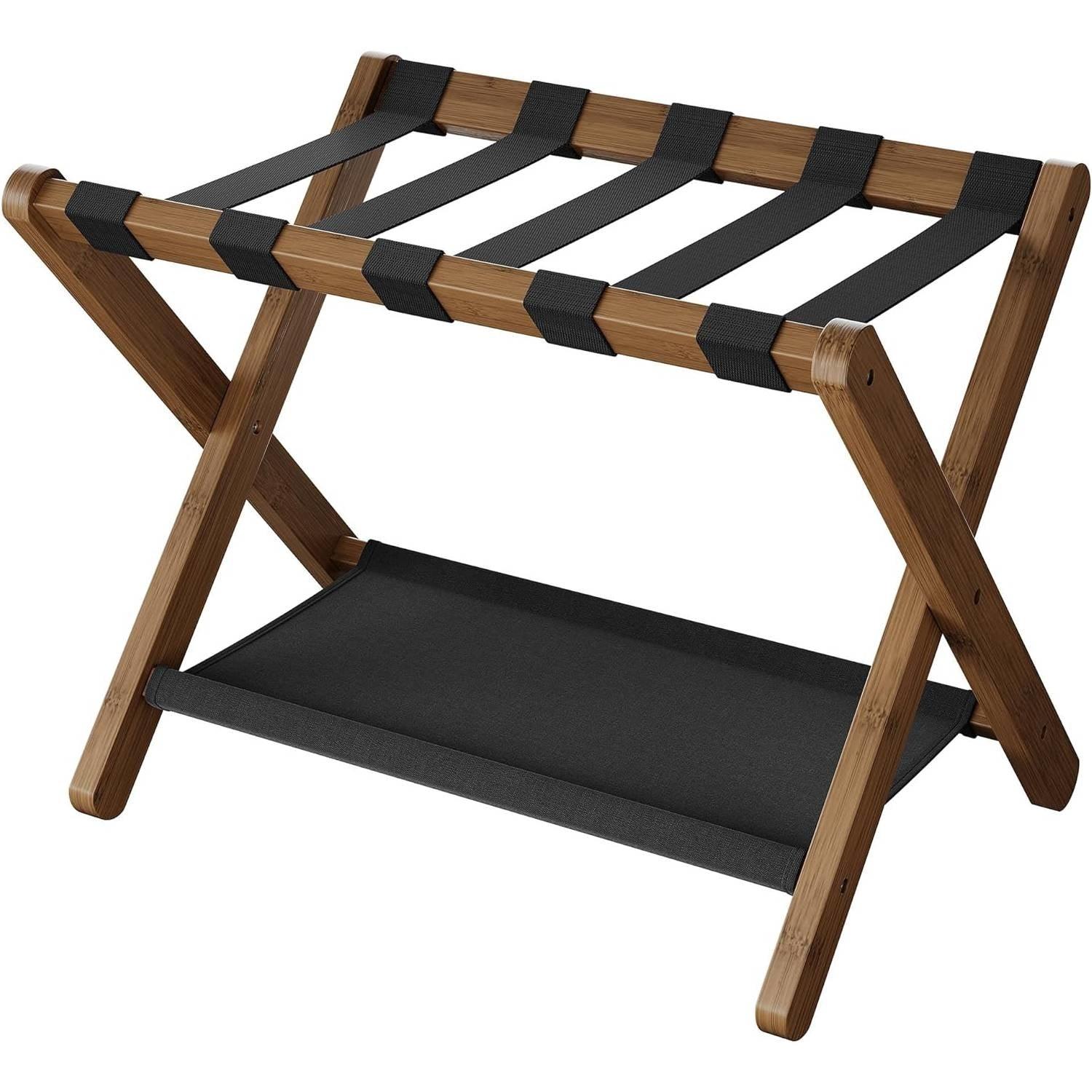 Sturdy Luggage Rack in Walnut Wood Finish with Lower Storage Shelf - PRHOMZ