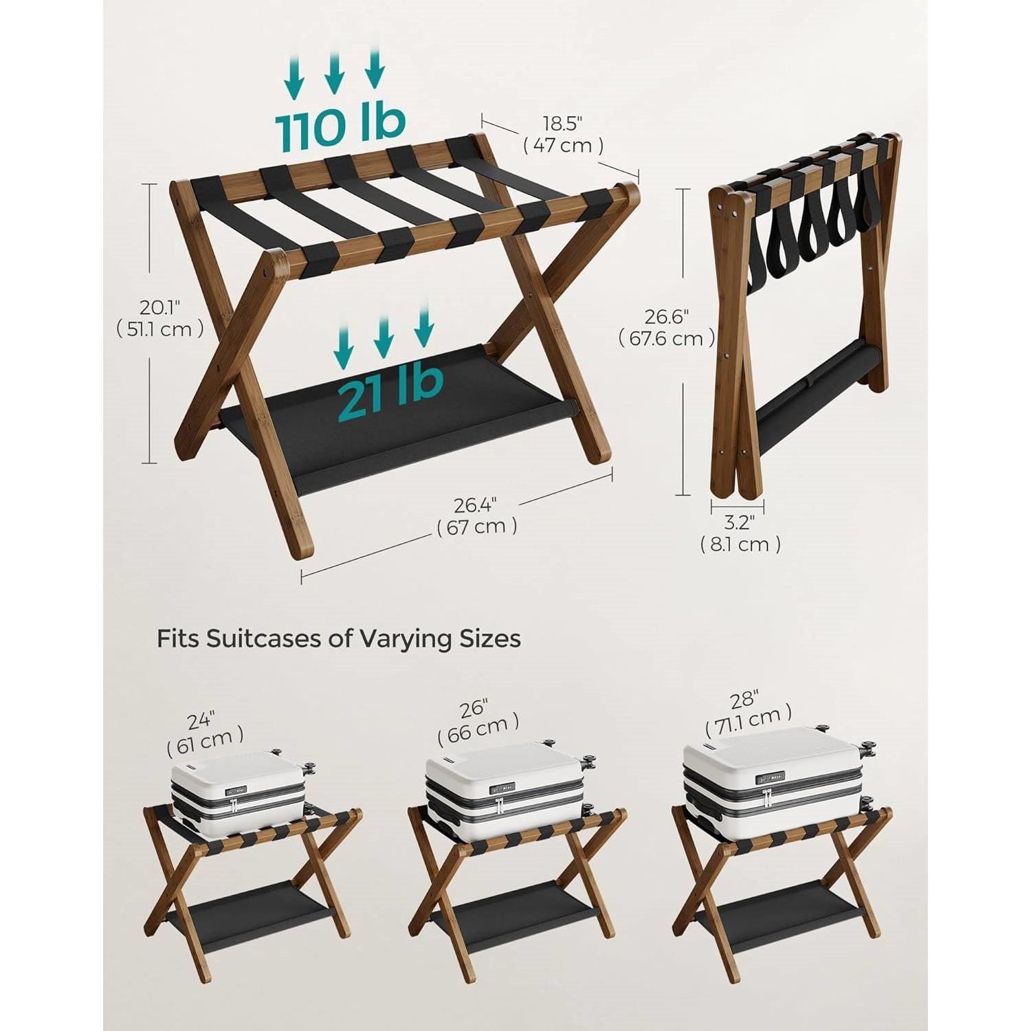Sturdy Luggage Rack in Walnut Wood Finish with Lower Storage Shelf - PRHOMZ