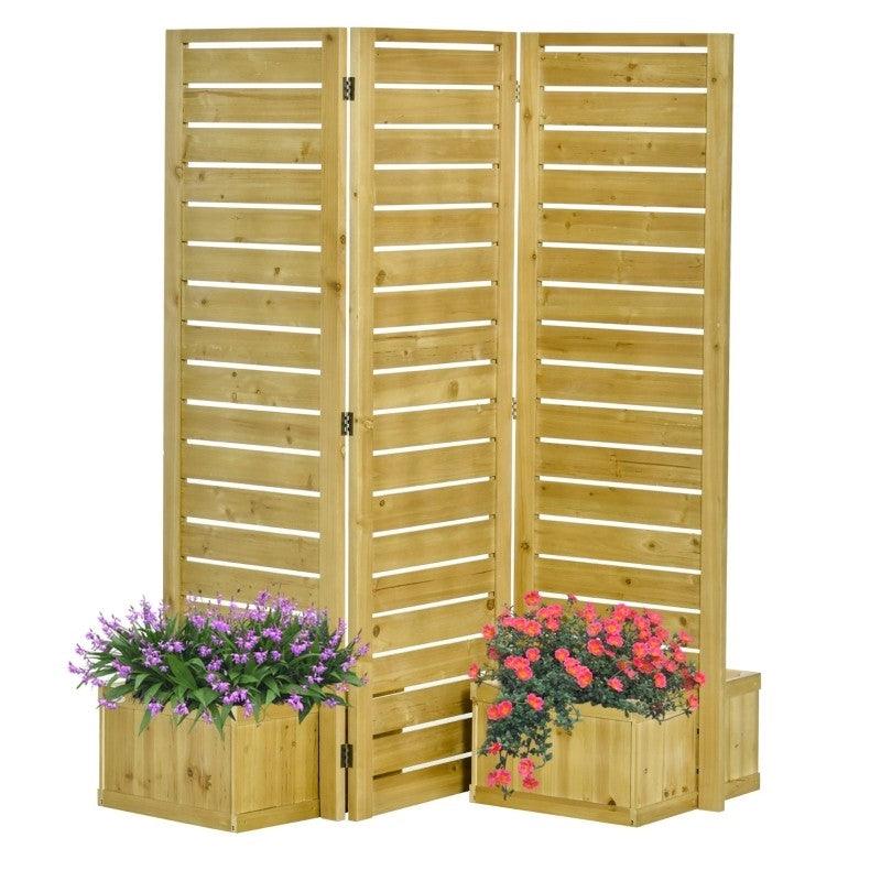 3 Panel Fir Wood Outdoor Privacy Screen with 4 Garden Bed Planters - PRHOMZ
