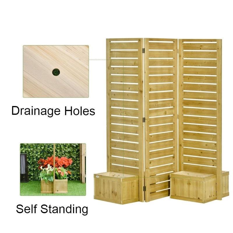 3 Panel Fir Wood Outdoor Privacy Screen with 4 Garden Bed Planters - PRHOMZ