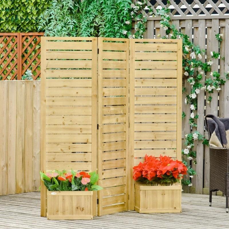 3 Panel Fir Wood Outdoor Privacy Screen with 4 Garden Bed Planters - PRHOMZ