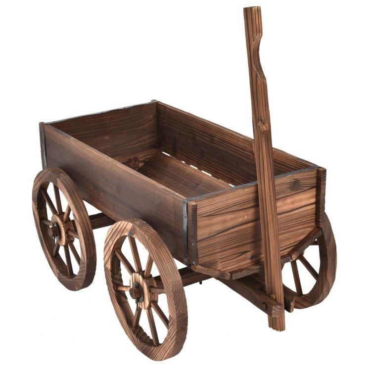 Outdoor Garden Fir Wood Barrel Planter Wagon on Wooden Wheels - PRHOMZ