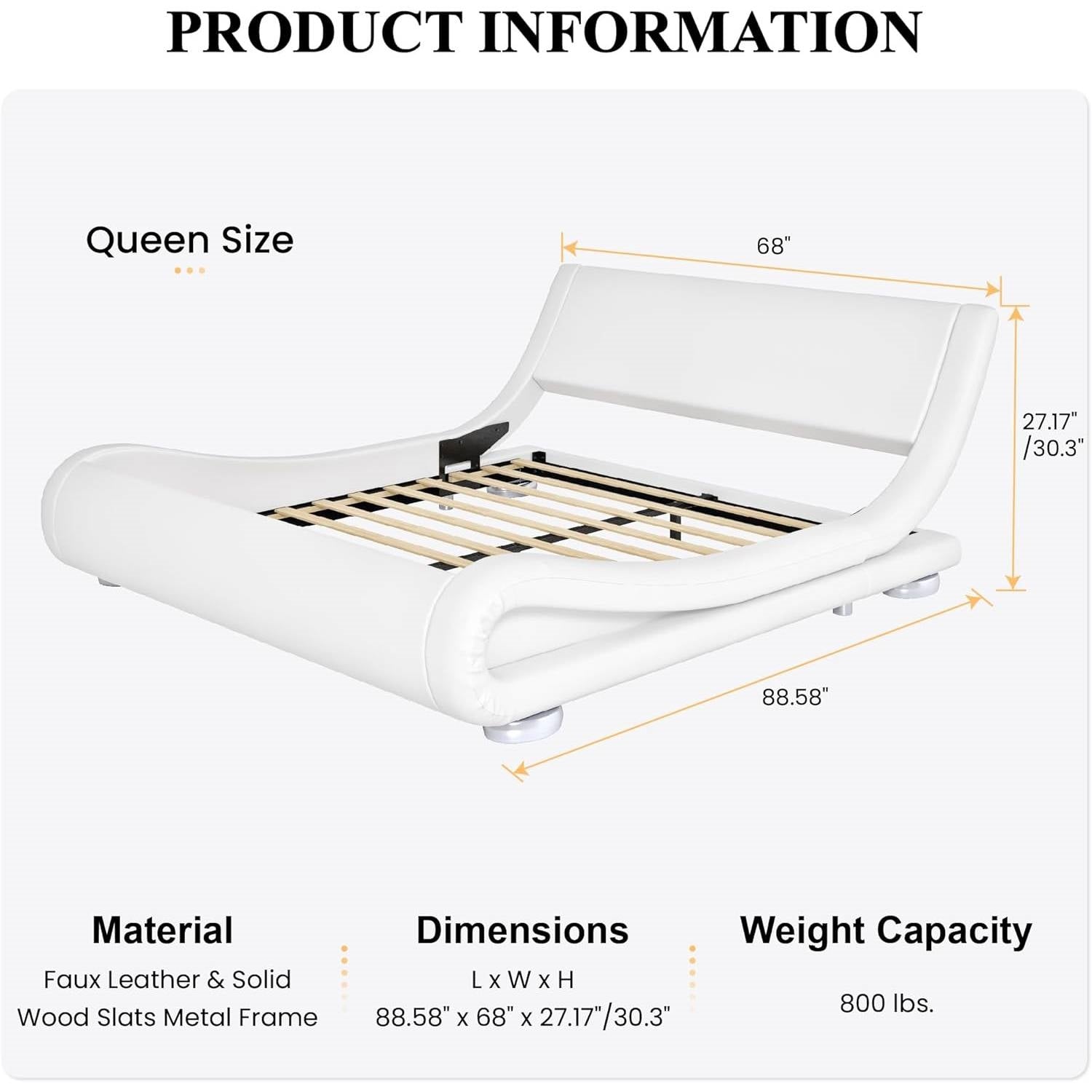Queen Modern White Upholstered Platform Bed Frame with Sleigh Curved Headboard-4