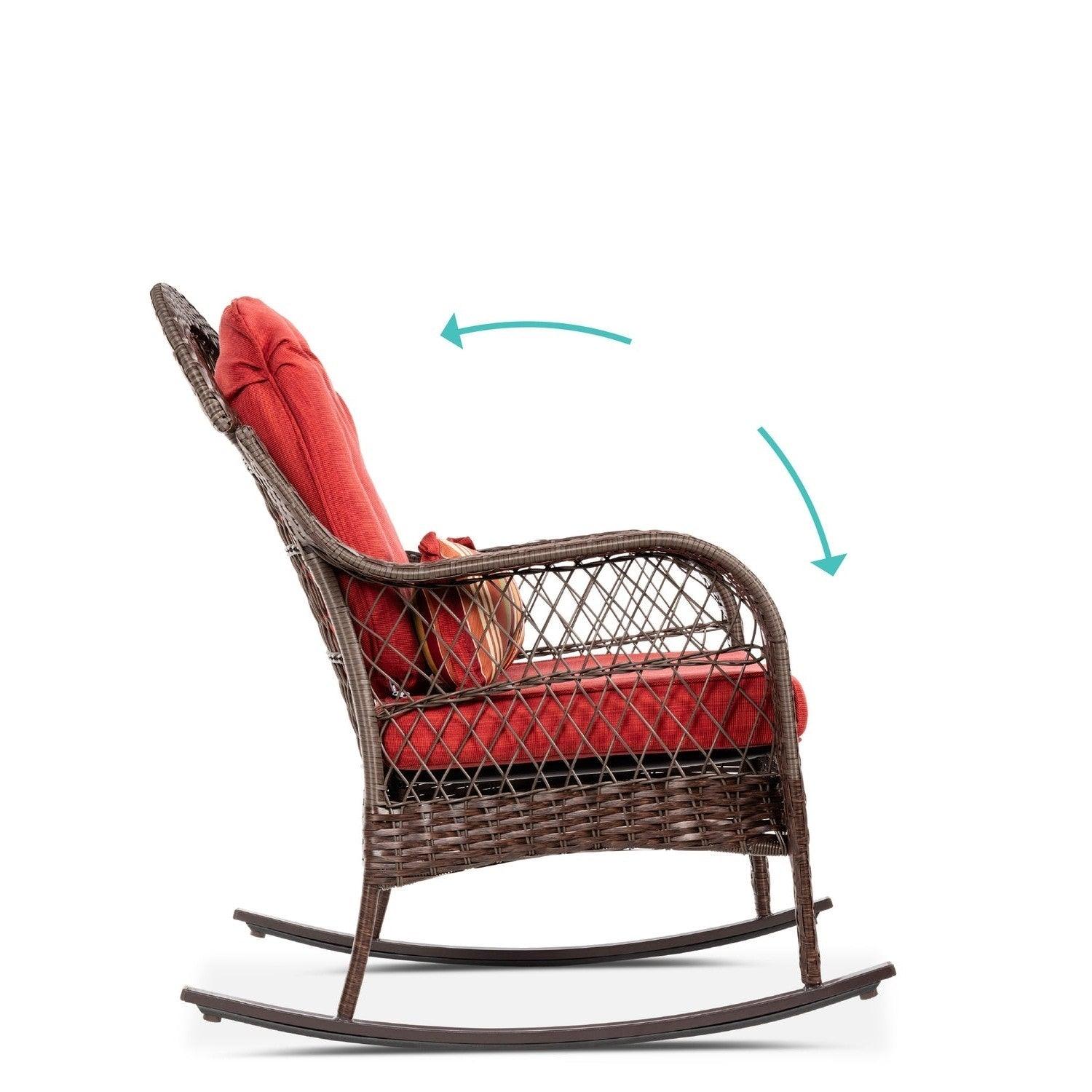 Outdoor Patio Brown Wicker Rocking Chair with Red Cushions and Accent Pillow - PRHOMZ