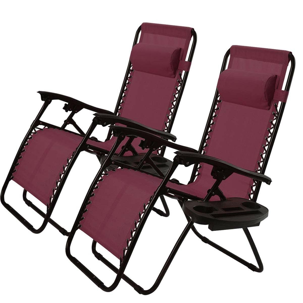 Set of 2 Burgundy Wine Red Folding Outdoor Zero Gravity Lounge Chair - PRHOMZ