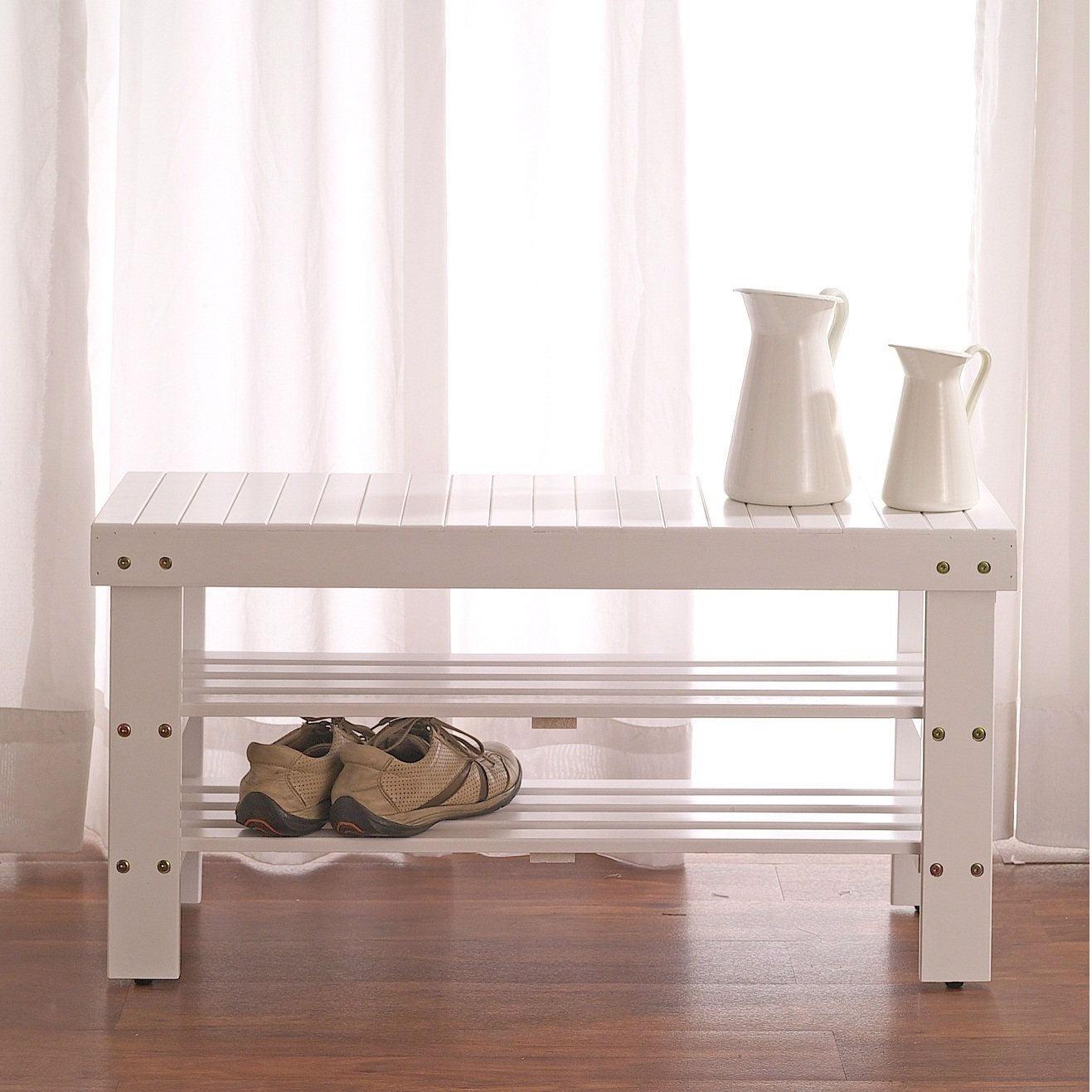 Solid Wood Shoe Rack Entryway Storage Bench in White - PRHOMZ