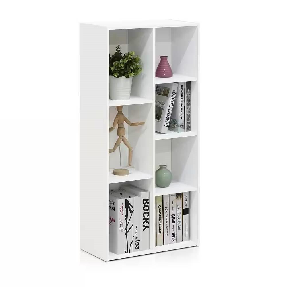 Modern 42-inch High Bookcase with 7 Open Shelves in White Wood Finish - PRHOMZ
