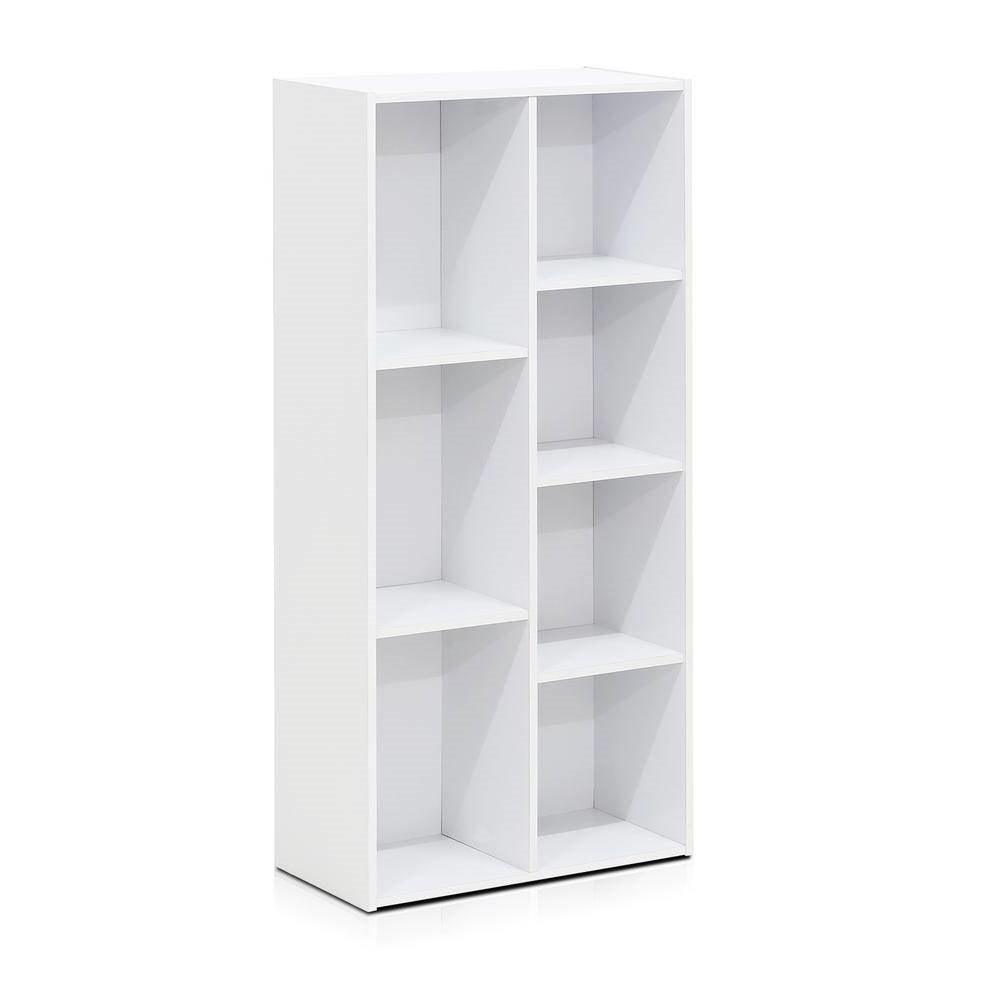 Modern 42-inch High Bookcase with 7 Open Shelves in White Wood Finish - PRHOMZ
