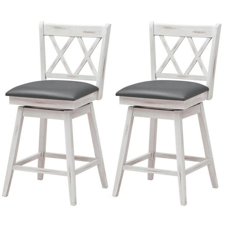 Set of 2 White Wood 24-in Counter Height Farmhouse Swivel Cushion Seat Barstools - PRHOMZ