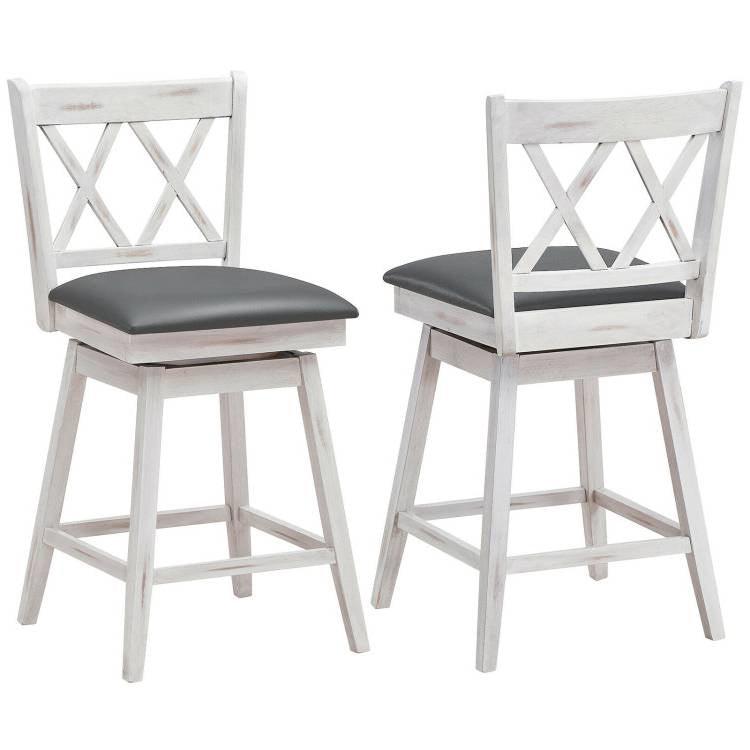Set of 2 White Wood 24-in Counter Height Farmhouse Swivel Cushion Seat Barstools - PRHOMZ