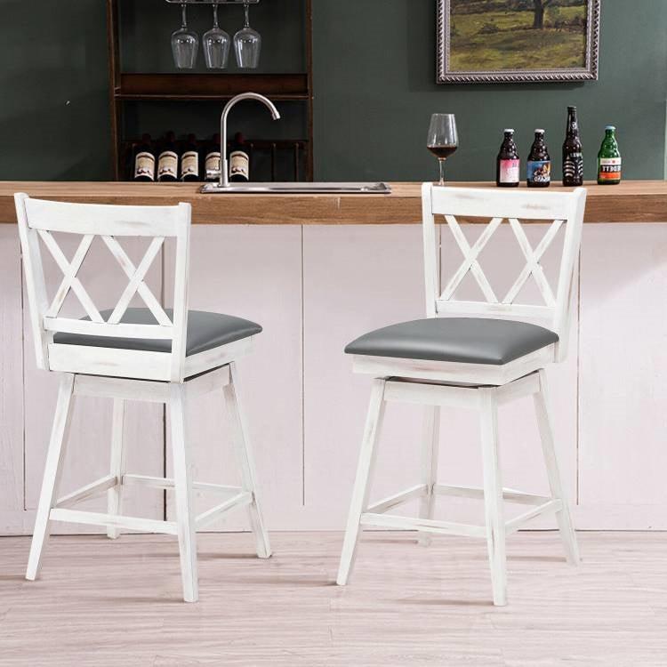 Set of 2 White Wood 24-in Counter Height Farmhouse Swivel Cushion Seat Barstools - PRHOMZ
