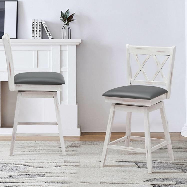 Set of 2 White Wood 24-in Counter Height Farmhouse Swivel Cushion Seat Barstools - PRHOMZ