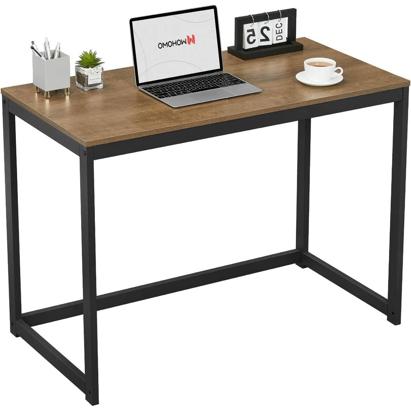 Modern Home Office Laptop Computer Desk Table with Black Metal Frame Wood Top - PRHOMZ