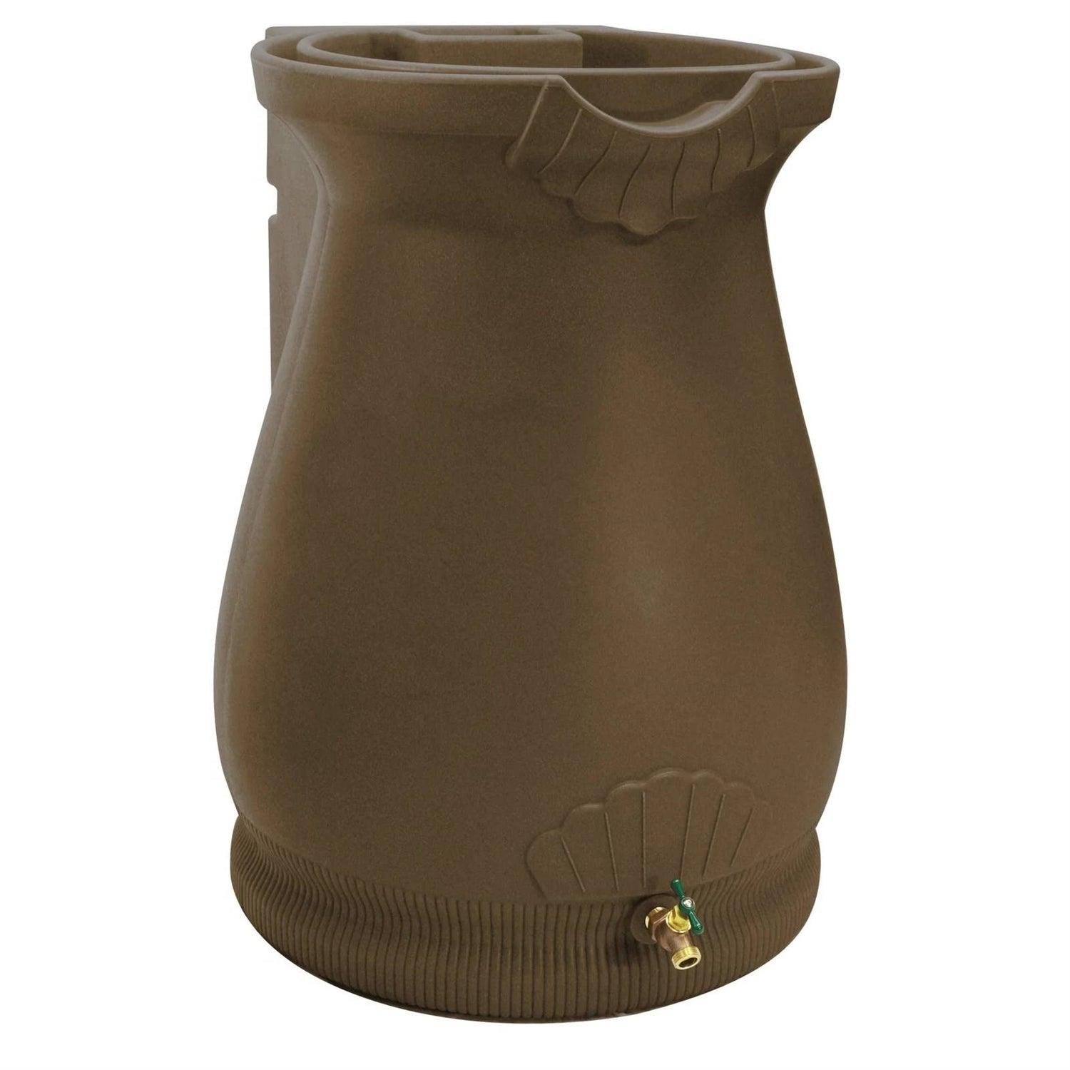 Brown Oak 65 Gallon Plastic Urn Rain Barrel with Planter Top - PRHOMZ