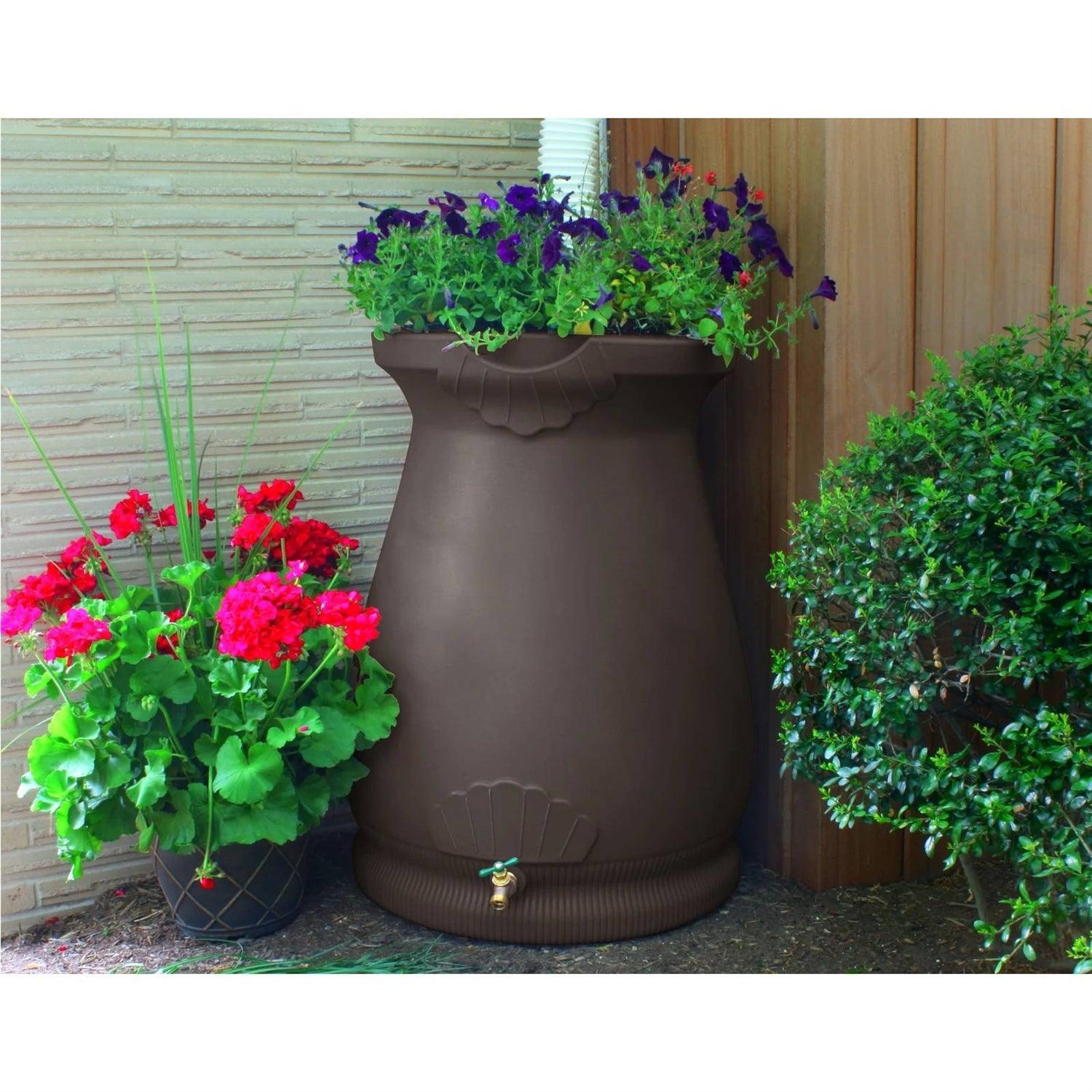 Brown Oak 65 Gallon Plastic Urn Rain Barrel with Planter Top - PRHOMZ