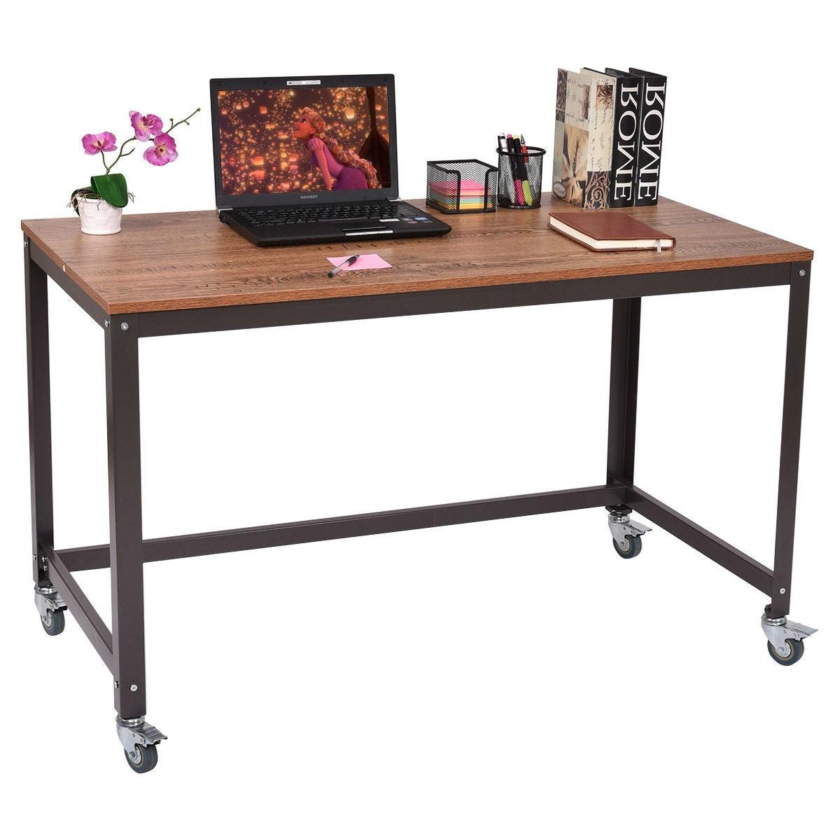 Industrial Modern Steel Frame Wood Top Computer Desk with Locking Wheels - PRHOMZ