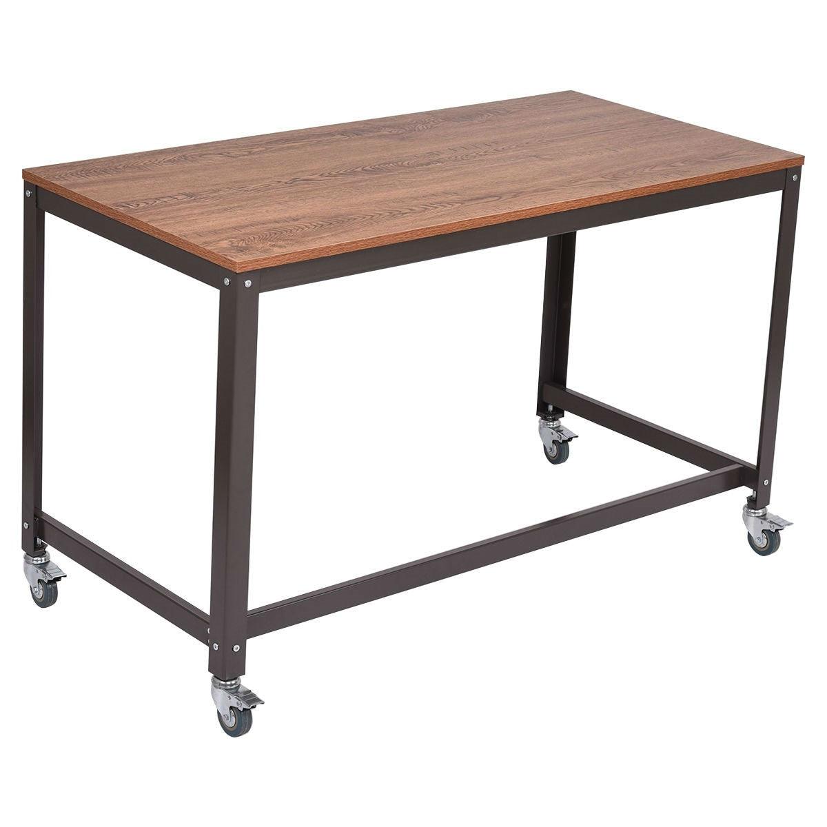 Industrial Modern Steel Frame Wood Top Computer Desk with Locking Wheels - PRHOMZ