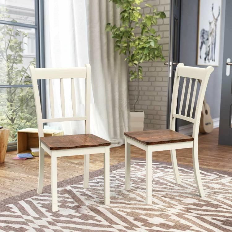 Set of 2 Solid Wood White Mission Style Armless Dining Chair with Brown Seat - PRHOMZ