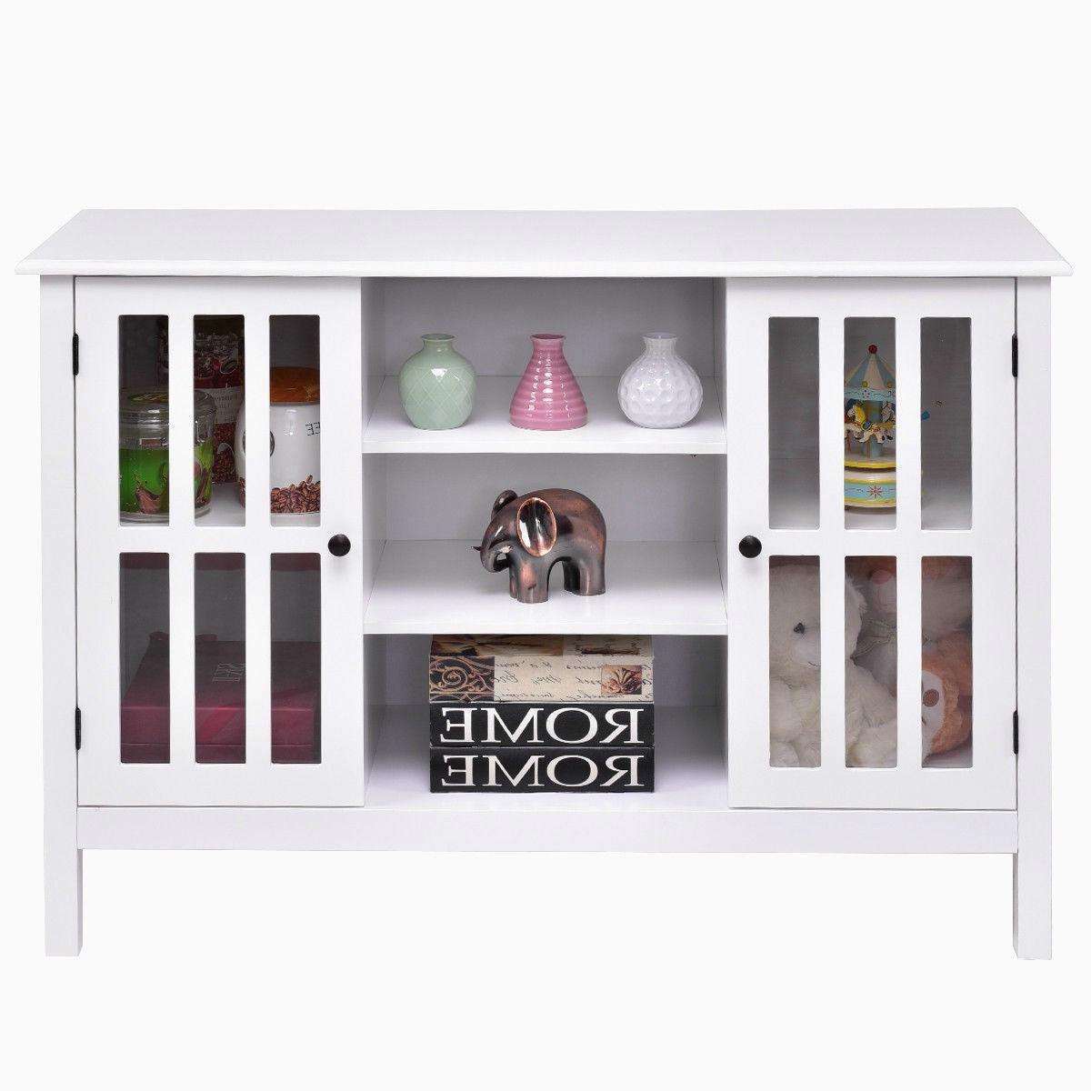 White Wood Sofa Table Console Cabinet with Tempered Glass Panel Doors - PRHOMZ