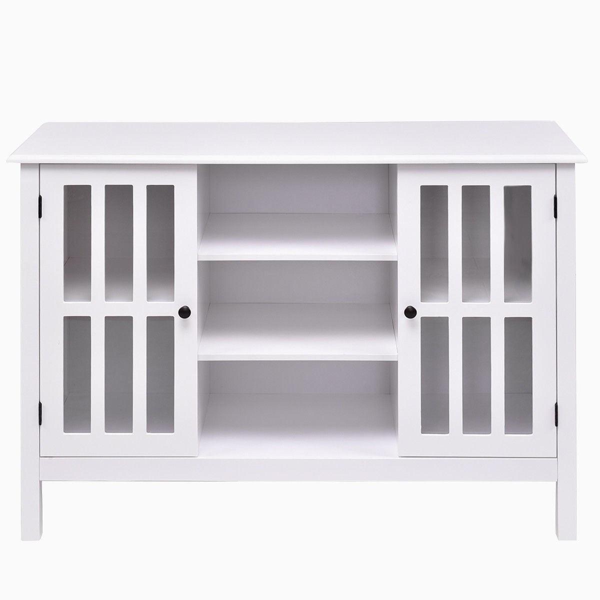 White Wood 43-inch TV Stand with Glass Panel Doors - PRHOMZ