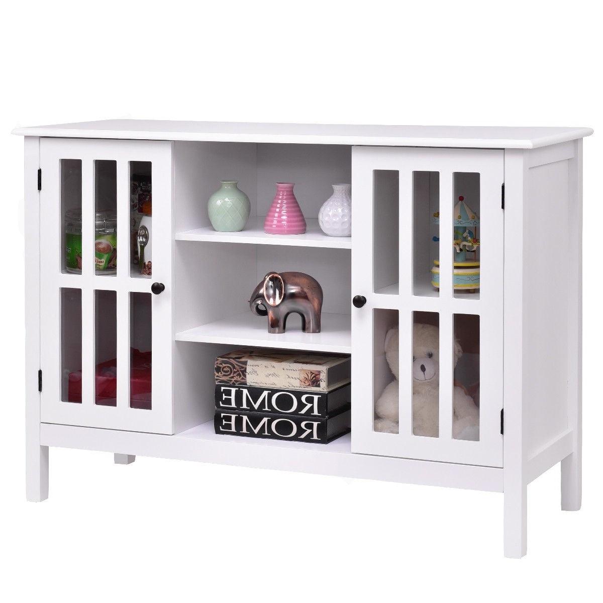 White Wood 43-inch TV Stand with Glass Panel Doors - PRHOMZ