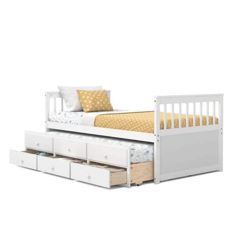 Twin Captains Bed with Pull Out Trundle and Storage Drawers in White Wood Finish-0
