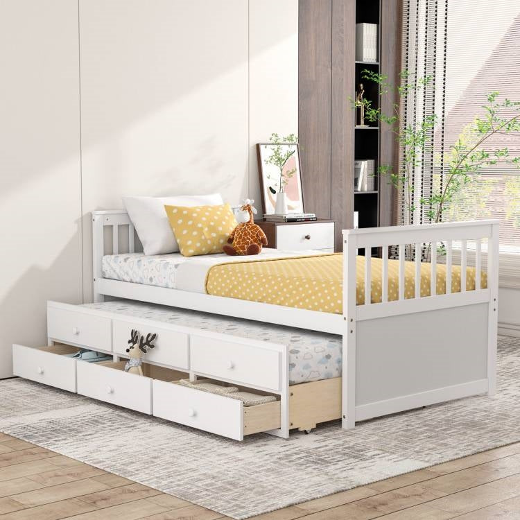Twin Captains Bed with Pull Out Trundle and Storage Drawers in White Wood Finish-1