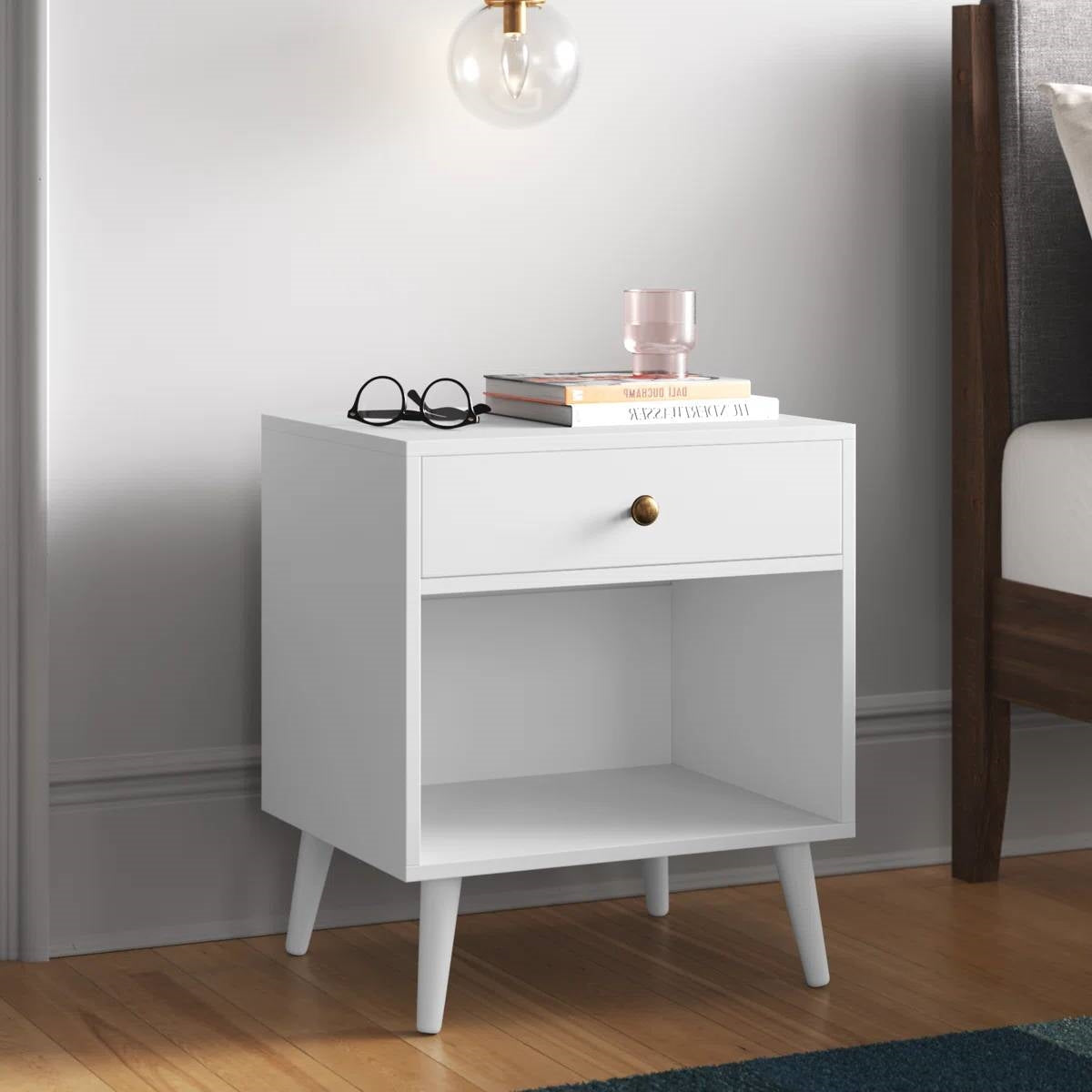 Mid-Century Modern Bedroom 1-Drawer Nightstand End Table in White Wood Finish-0