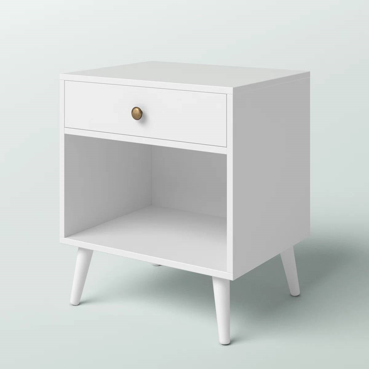 Mid-Century Modern Bedroom 1-Drawer Nightstand End Table in White Wood Finish-1