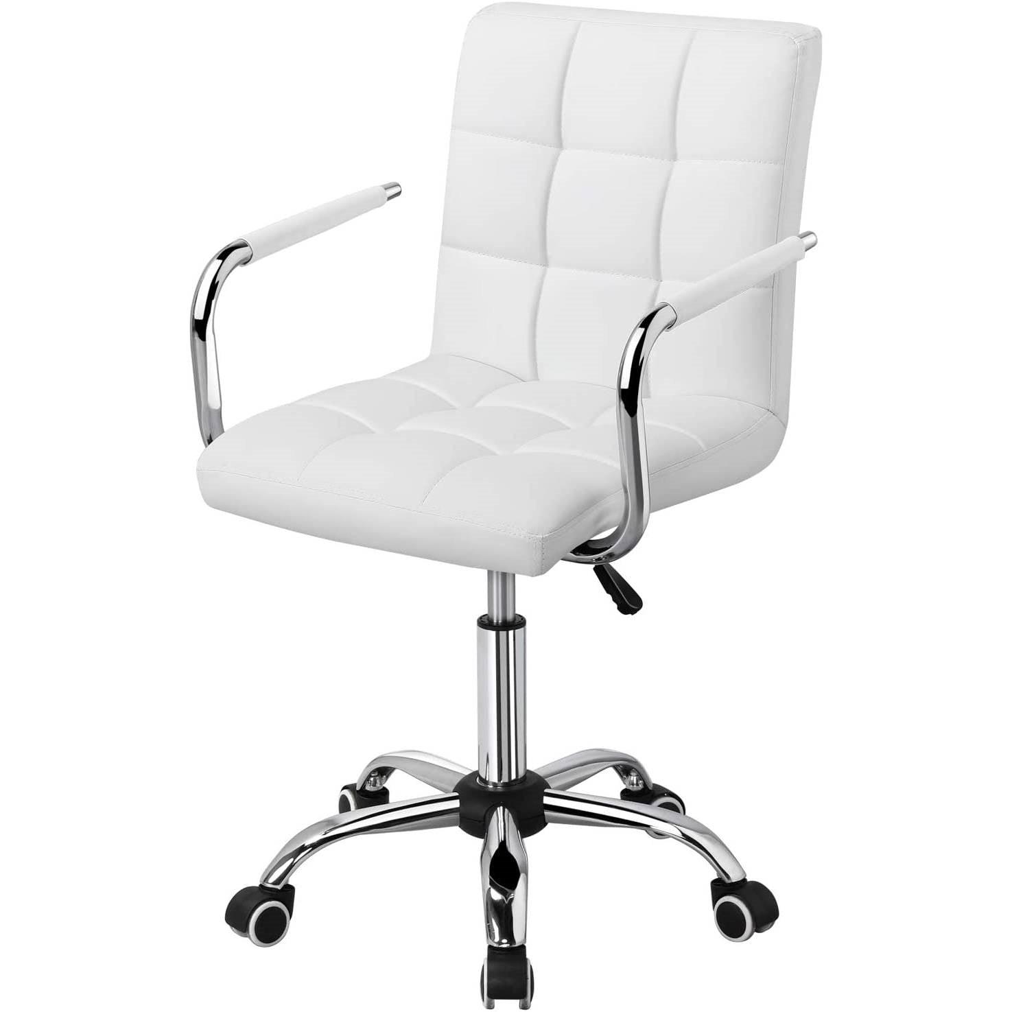 White Modern Faux Leather Mid-Back Swivel Office Chair with Armrests and Wheels - PRHOMZ