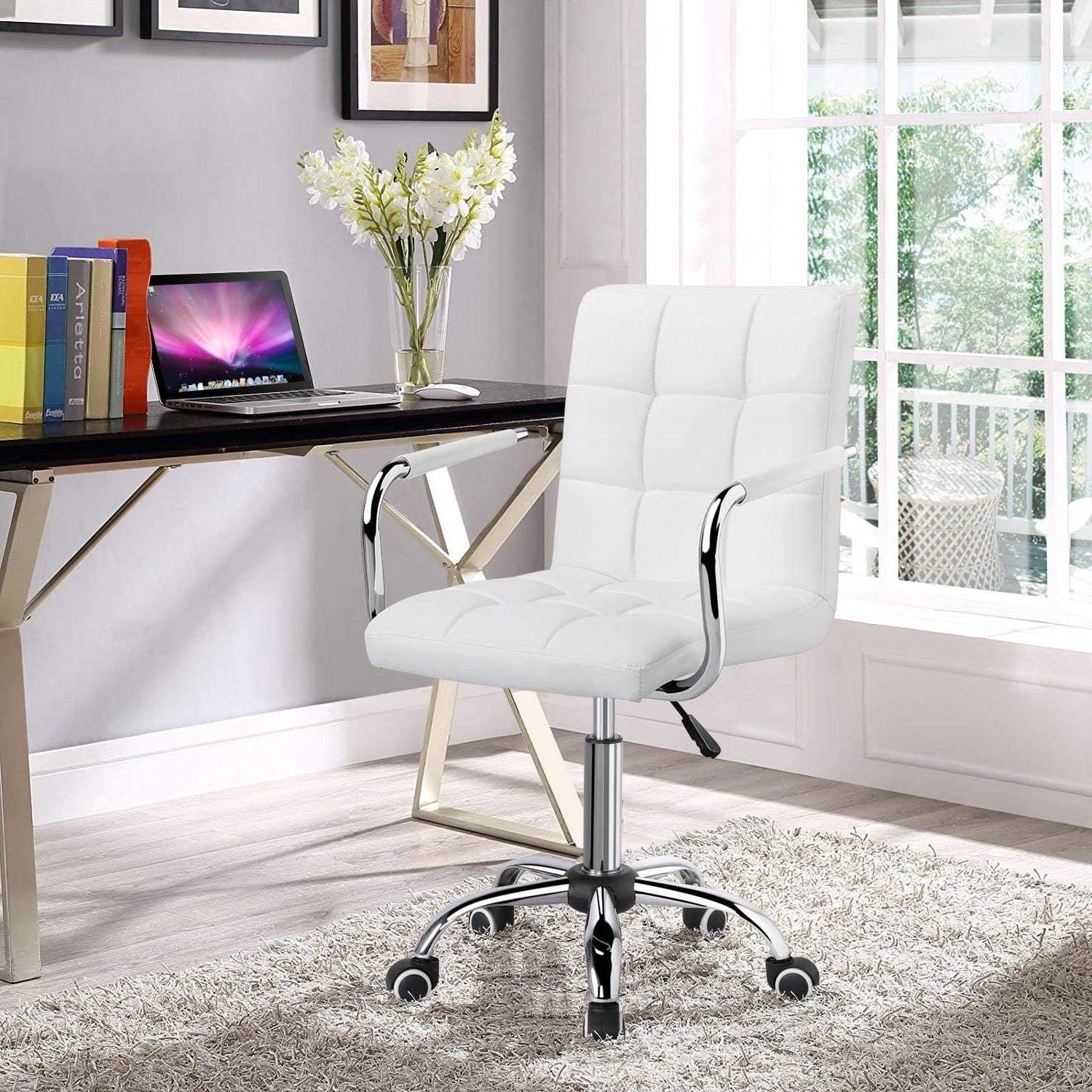 White Modern Faux Leather Mid-Back Swivel Office Chair with Armrests and Wheels - PRHOMZ