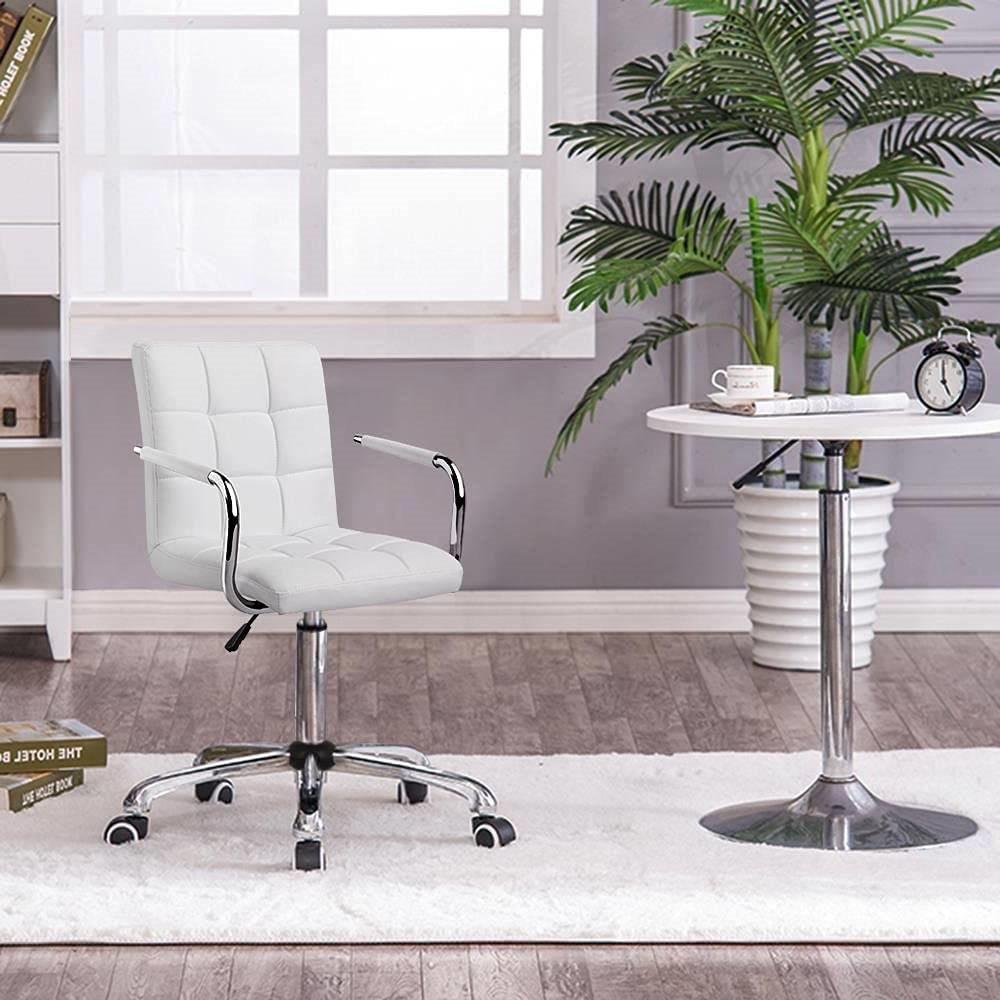 White Modern Faux Leather Mid-Back Swivel Office Chair with Armrests and Wheels - PRHOMZ