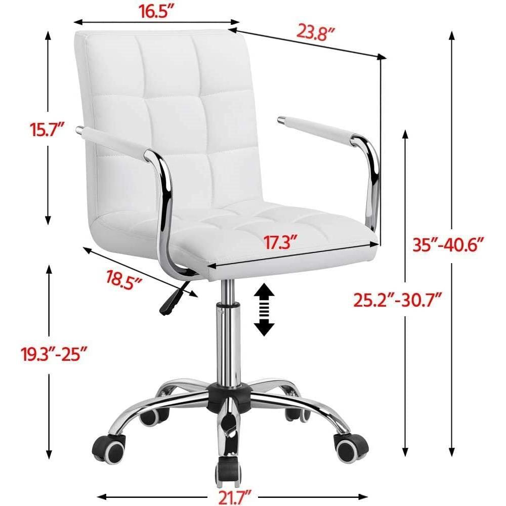 White Modern Faux Leather Mid-Back Swivel Office Chair with Armrests and Wheels - PRHOMZ