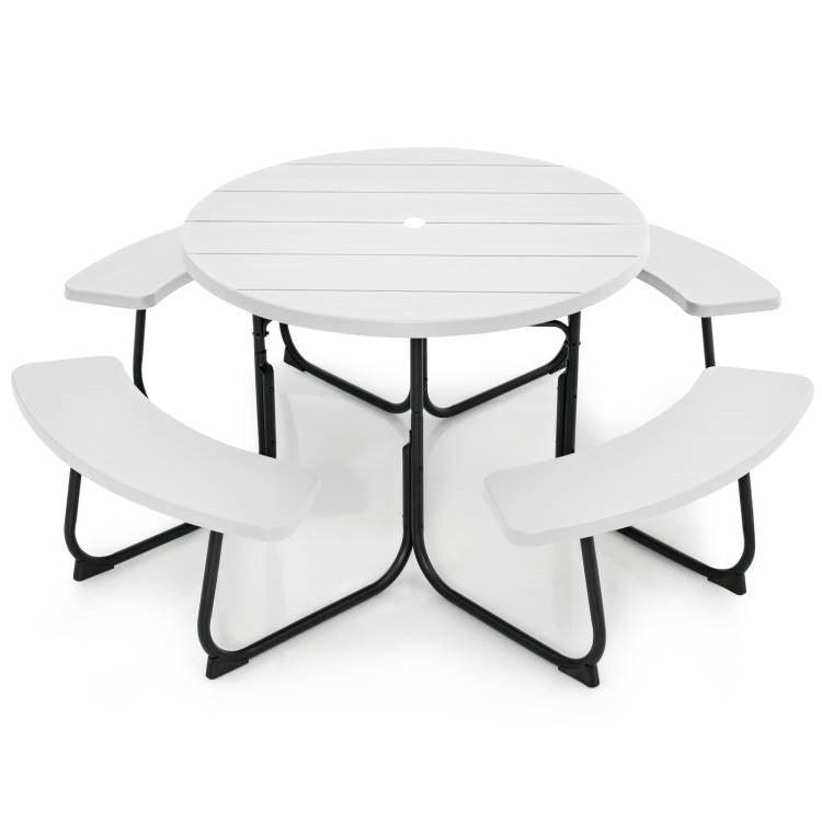 White Outdoor Metal and HDPE Picnic Table Bench Set with Umbrella Hole - Seats 8 - PRHOMZ